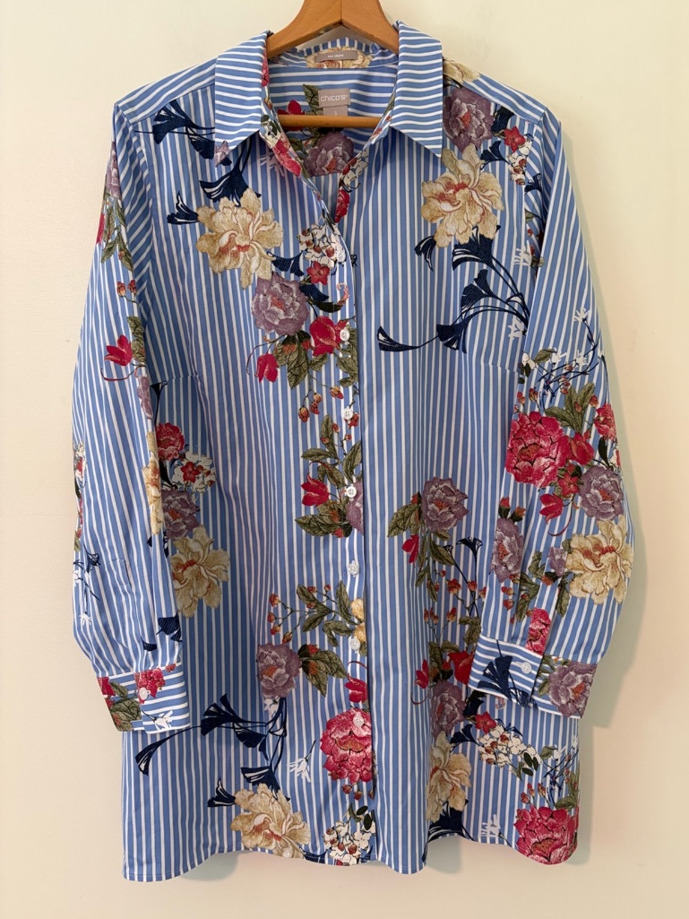 CHICO'S Floral Striped No Iron Tunic Shirt Size 3 (US XL 16/18)